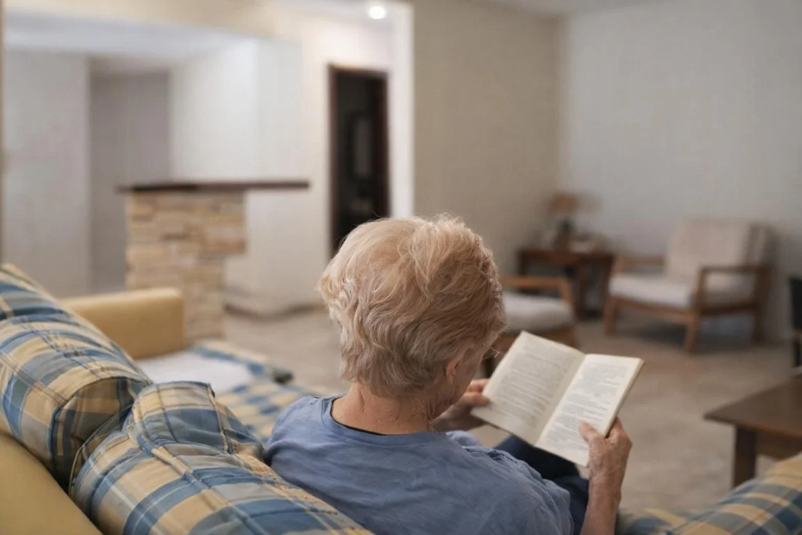 Residente disfrutando de un momento de lectura en el living